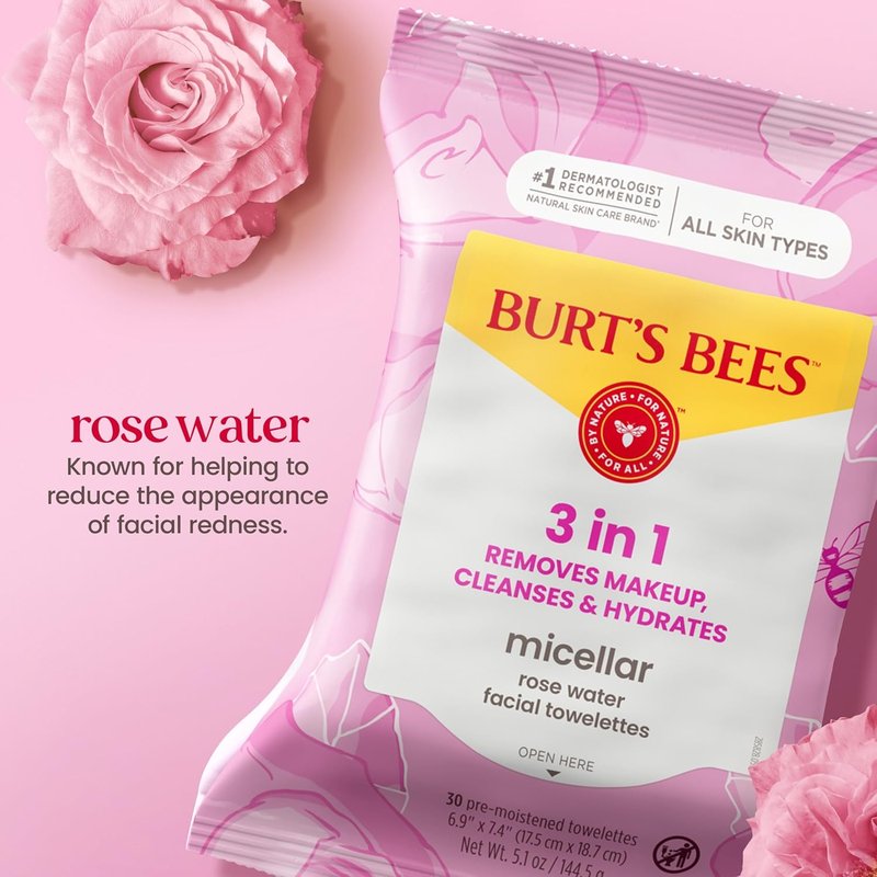 Burt's Bees Micellar Rose Water Facial Towelettes - 100% Plant-Based Cloth, 30 Ct | Hydrating Makeup Remover for All Skin Types