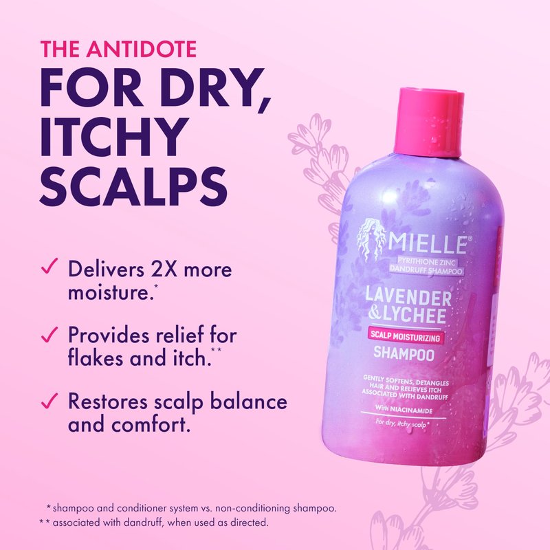 Mielle Organics Lavender & Lychee Scalp Moisturizing Shampoo with 1% Pyrithione Zinc – Anti-Dandruff Shampoo for Flake & Itch Relief, Sulfate-Free, 12 fl oz