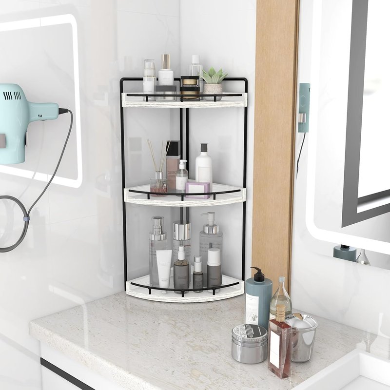 Dorhors 3-Tier Corner Bathroom Organizer - Rustic White Wood Vanity Tray for Kitchen & Bathroom Storage