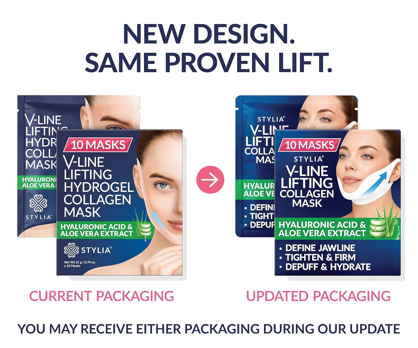 Stylia V Line Lifting Collagen Mask - Firm & Contour Jawline - Hyaluronic Acid & Aloe - 10 Pack