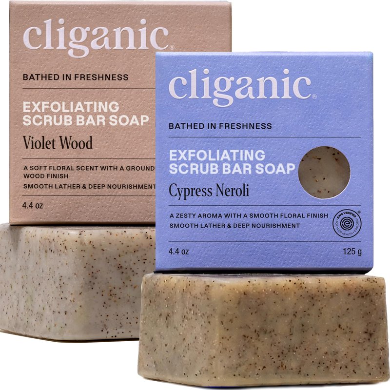 Cliganic Exfoliating Bar Soap – Body Scrub Soap with 98% Natural Ingredients Cleanses, Smooths & Revitalizes Skin, Moisturizing Soap Bar- Cypress Neroli & Violet Wood Scents (2 Pack)