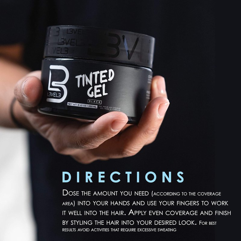 Level 3 Black Tinted Hair Gel - Instant Gray Coverage & Strong Hold - Temporary Color for Volume, Texture & Shine