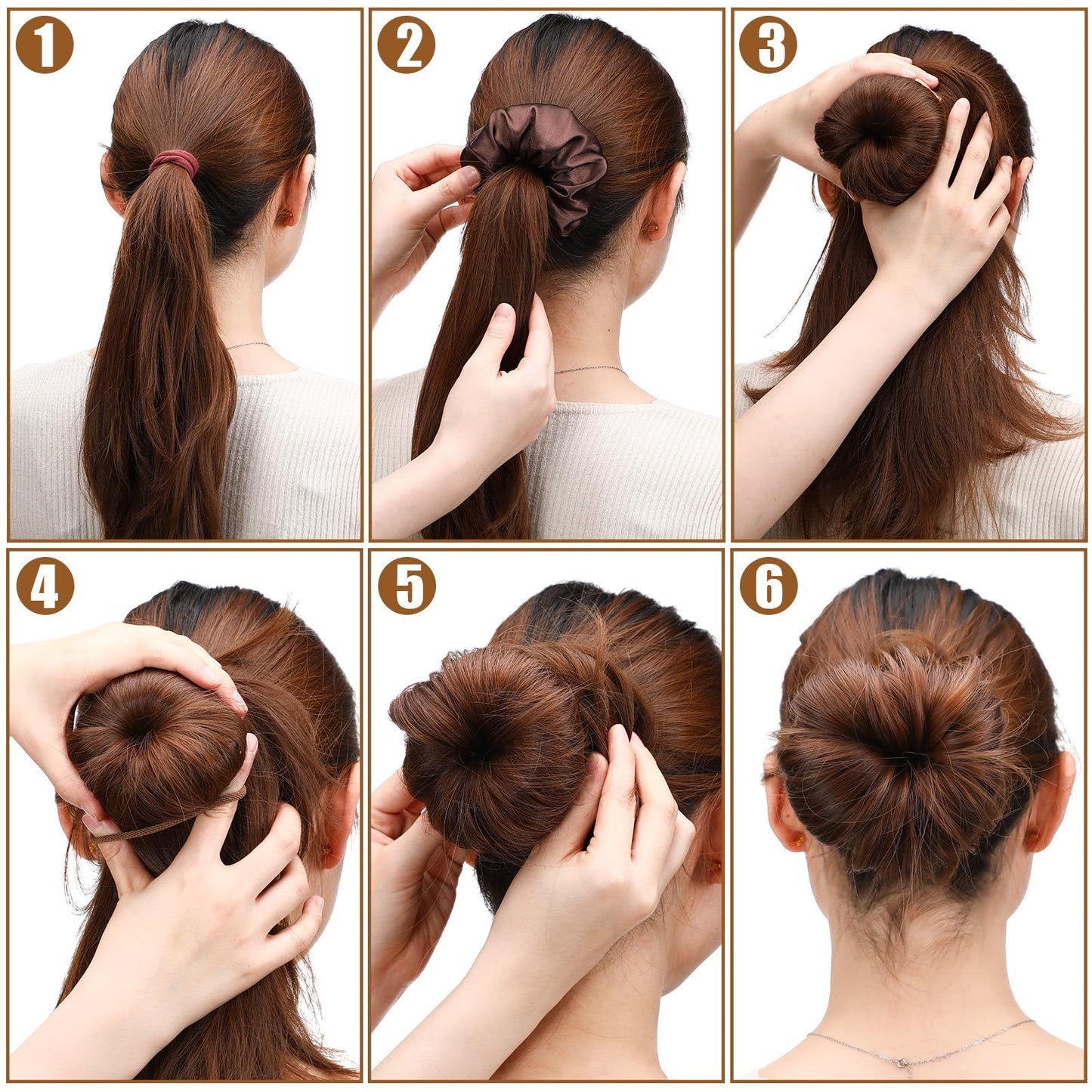 Yuxung 4 Pcs Satin Hair Bun Donut Satin Hair Bun Maker Dark Retain Moisture Easy to Style for Women Ladies Military Ballet and Business (Brown,Small,Medium)