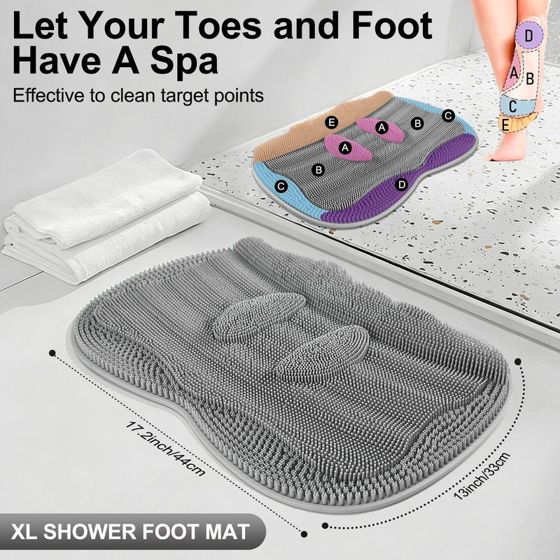 EaTubano Bath Shower Foot Scrubber Mat - Silicone Shower Foot Scrubber Mat (XL) Cleaner Foot Toes Clean Pad Without Bending Non-Slip Suction Cups Bathroom mat 17.2 * 13 inch - Grey