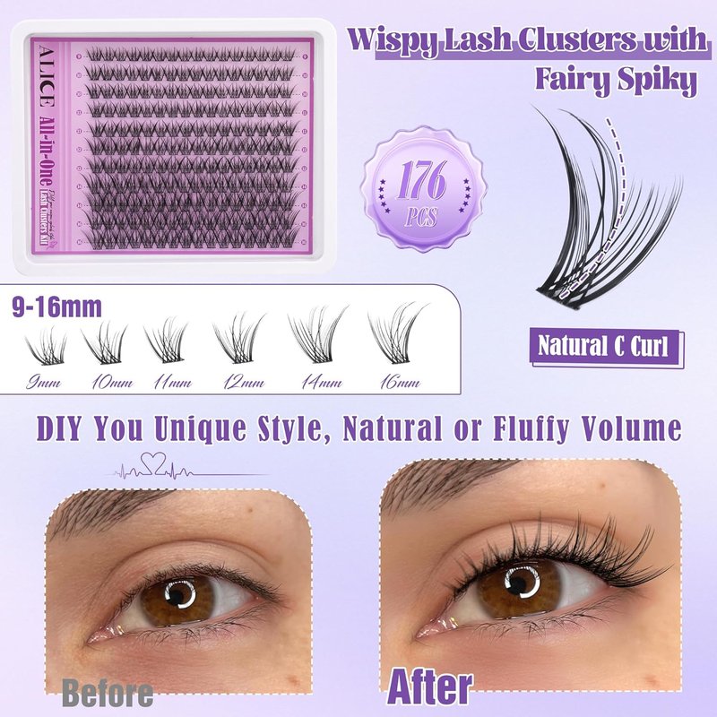 Natural Lash Clusters Kit - Wispy Eyelash Extensions with C Curl 9-16mm | Includes Glue, Remover & Tweezers