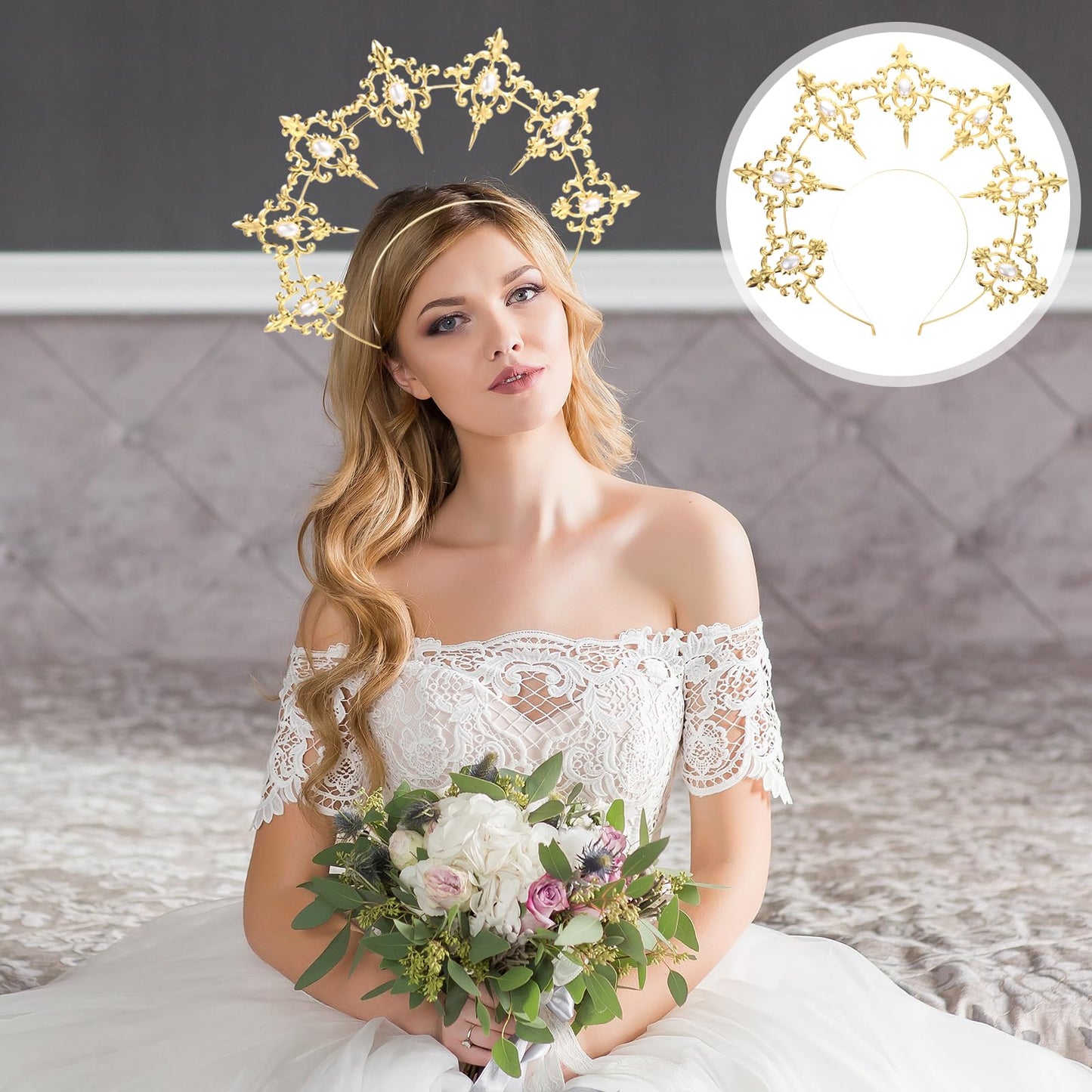 Uonlytech Angel Bridal Gold Halo Headband, Angel Halo Headband Crown Retro Goddess Halo Hair Band Wedding Headpiece for Women Girls Bridal