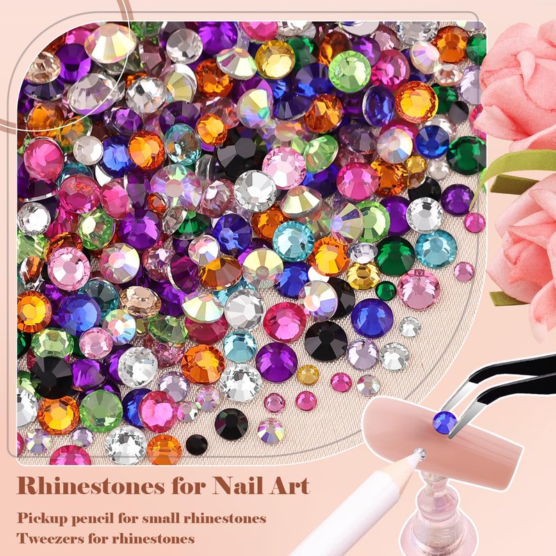 BELLEBOOST Nail Art Rhinestone Kit, 15ml Rhinestone Gel Glue+Colorful Gems+Flatback Glass Crystal AB&Clear Gemstones with Pickup Tools for Bedazzling Nail and Face Makeup