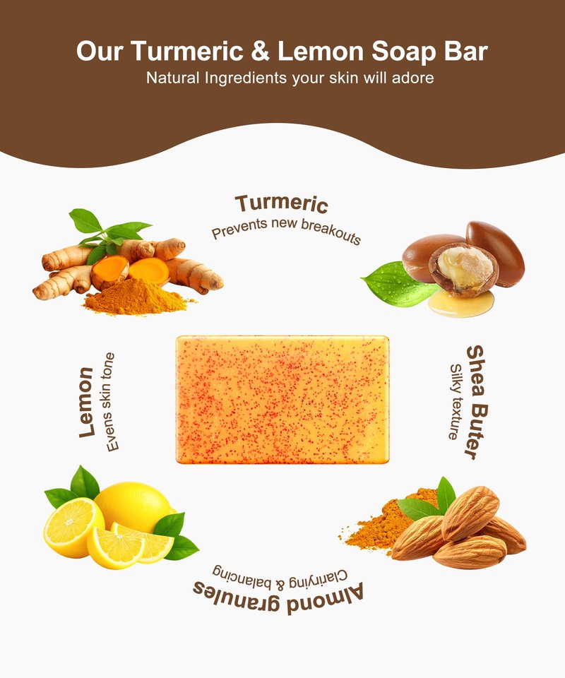 NOOROLA Lemon Turmeric Kojic Acid Soap, 4 Pcs Turmeric Soap Bar Infused with Hyaluronic Acid, Vitamin C，E, Shea Butter for Face & Body Deeply Clean, 3 Foam Nets