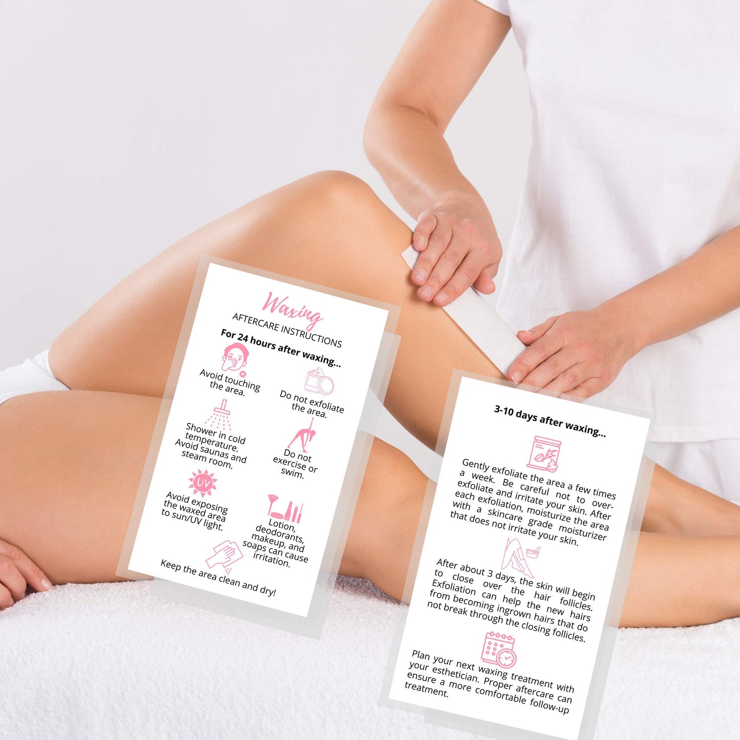 Waxing Aftercare Cards | 50 Pack | Size 2 x 3.5” inches Business Card Size | Waxing Aftercare Kit Cards PMU | Aftercare Instructions White with Pink Icons Design
