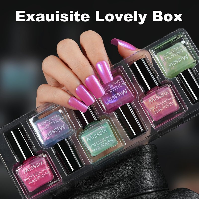Misssix Pearl Nail Polish Set, 6 Colors Chrome Shimmer Pearl Pink Purple Quick Dry Nail Polish Long Lasting Fingernail Polish DIY Nail Lacquer Gift for Girls Women