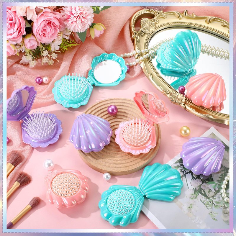 Meanplan 12 Pcs Mermaid Party Favors Shell Hair Brush with Mirror Foldable Mini Travel Pocket Hair Brush Compact Makeup Comb for Women Girls Valentines Day Birthday Gifts(3 Colors)