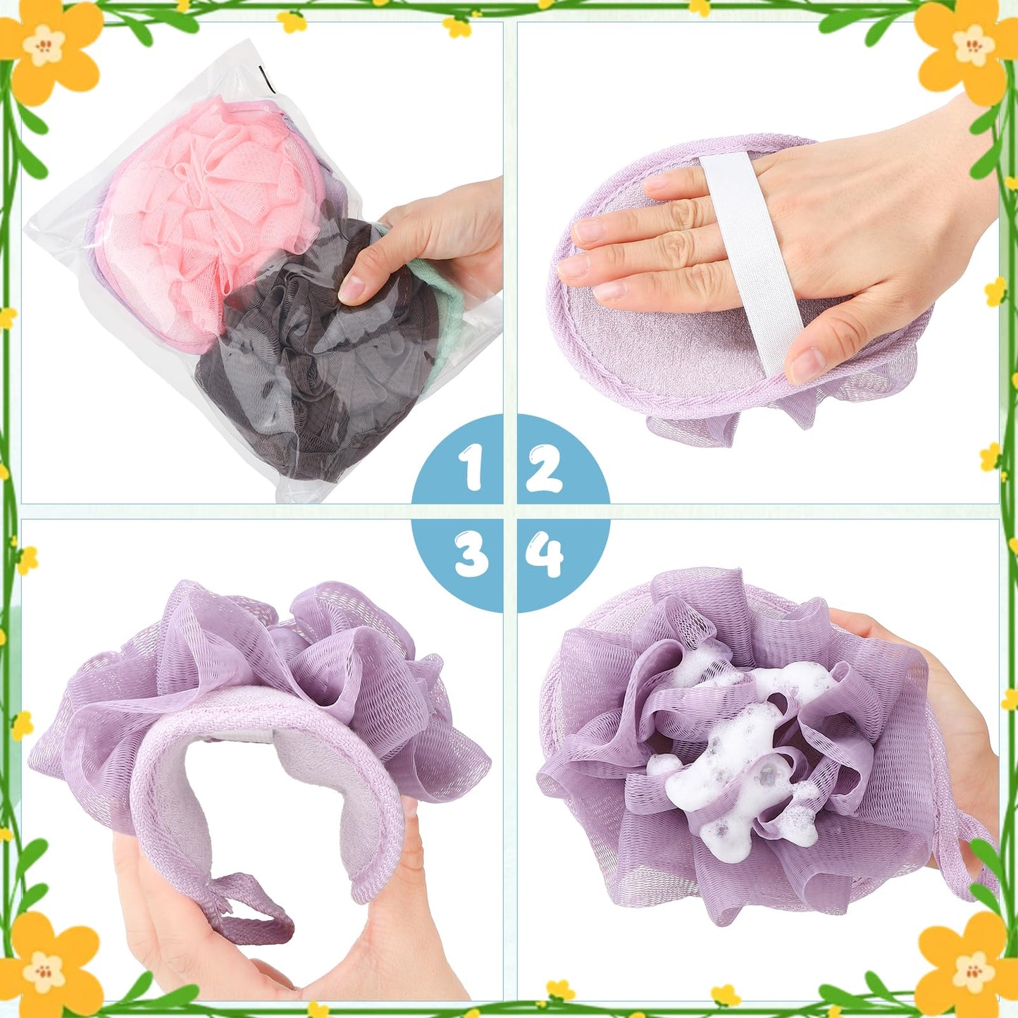 ZhouBoat 4 PCS Exfoliating Bath Sponges Soft Loofah Shower Scrubber with Elastic Hand Strap for Women Men Gentle Skin Cleansing Body Wash Towel Pouf Purple, Pink, Green, Coffee