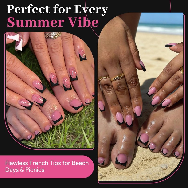 60Pcs Black French Tip Press on Nails & Press on Toenails Set, Square Fake Nails Kit with Nail Glue, 15 Sizes Acrylic Full Cover Toe Nail Press Ons Stick on Nails for Women DIY Home Manicure