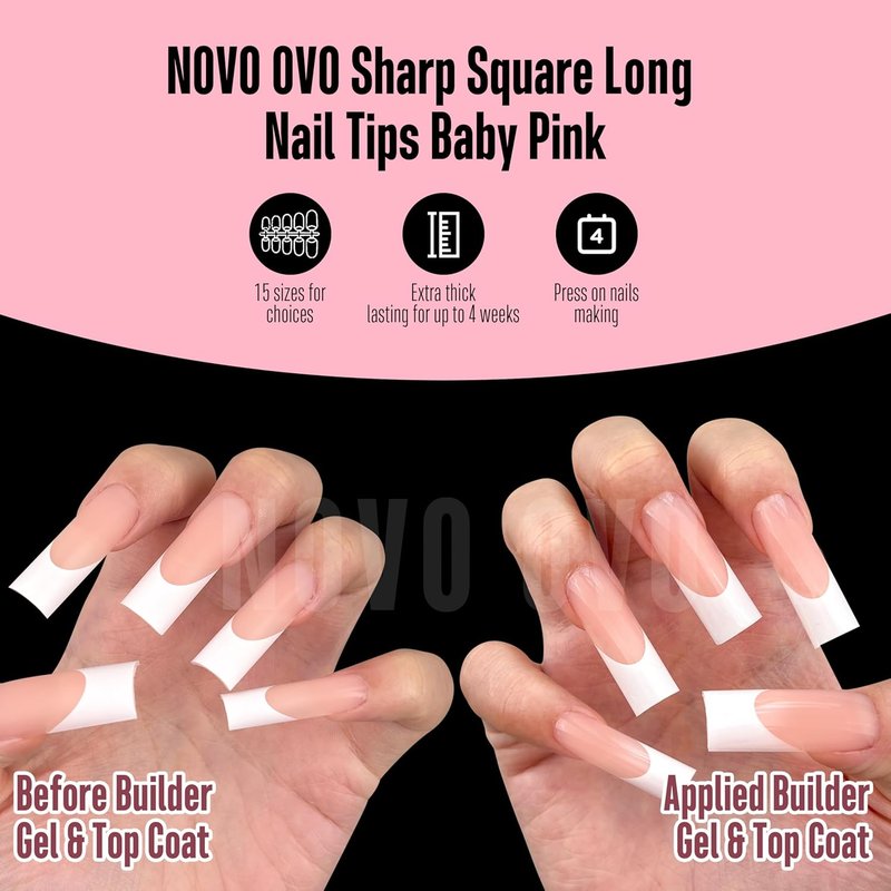 NOVO OVO Press-On Baby Pink French Tip Nail Tips | Extra Thick Soft Gel Full Cover | 180 Pieces in 15 Sizes