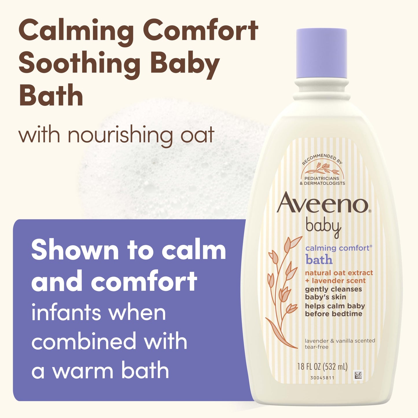 Aveeno Baby Nighttime Calming Comfort Bath, Baby Body Wash for Skin & Hair with Natural Oat Extract, Soothing Lavender & Vanilla Scent, Tear-Free Formula, No Added Parabens & Phthalates, 18 Fl Oz