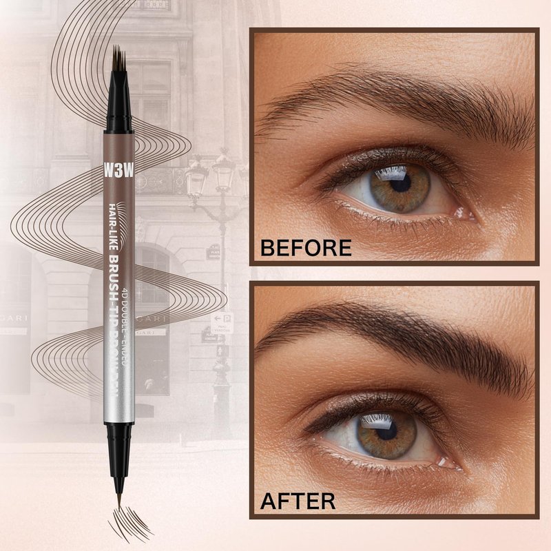 Eyebrow Pencils for Women, W3W 4D Dual-Ended Brow Pen, Angled Square Tip + Ultra-Fine Brush Tip, Waterproof Smudge-Proof, Natural Hair-Like Strokes, Dark Brown (Brunette)