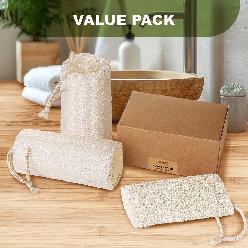 Createjoya Natural Loofah Body Scrubber Sponge, Set of 3 Organic 5 Inch Luffa for Exfoliating & Smooth Skin Cleansing, Ideal for Men & Women, Spa & Shower Use