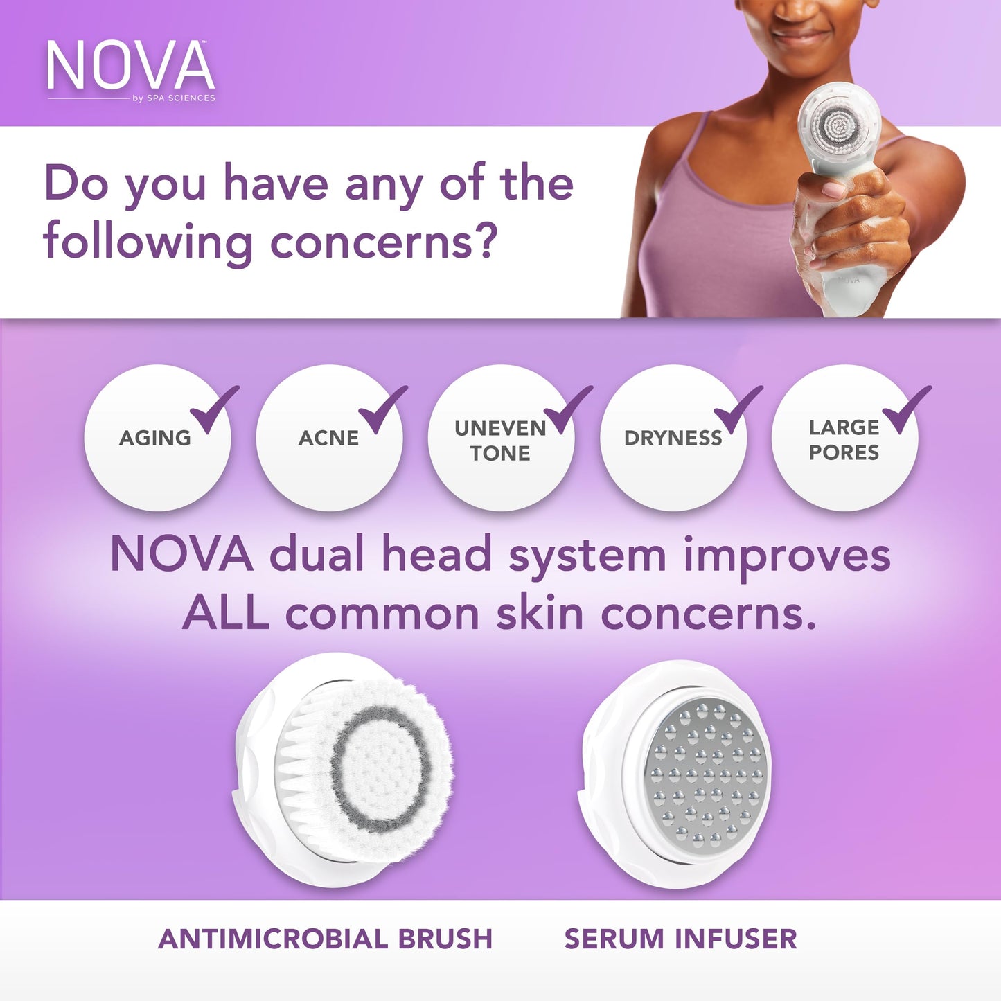 Spa Sciences - NOVA - Cleansing Brush with Bristles & Infusion System – Anti-Aging Facial Exfoliating, Waterproof, and USB Rechargeable
