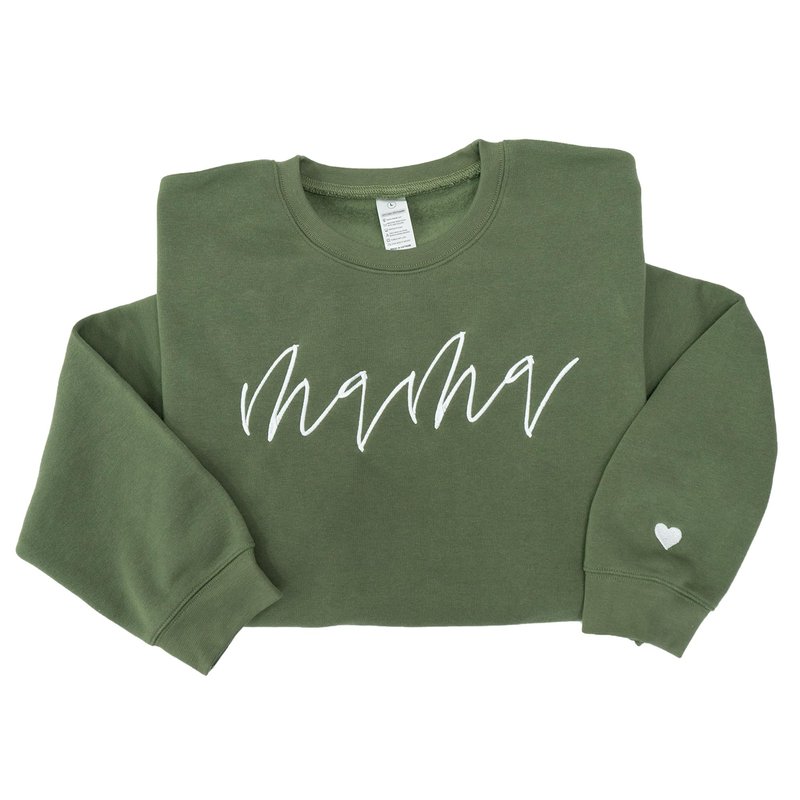 Nani - Mama Mom Mommy Embroidered Crewneck Sweatshirt Heart On Sleeve for Women - Gifts For New Mom Mama Birthday Christmas Mothers Day Valentine Embroidery Pullover Sweater Shirt Military Green