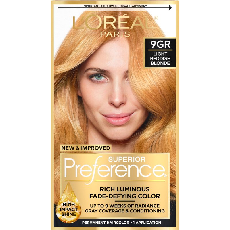 L'Oreal Paris Superior Preference Luminous Fade-Defying Permanent Hair Color, Hair Dye For Up to 9 Weeks of Radiance, Golden Reddish Blonde 9GR, 1 Hair Dye Kit
