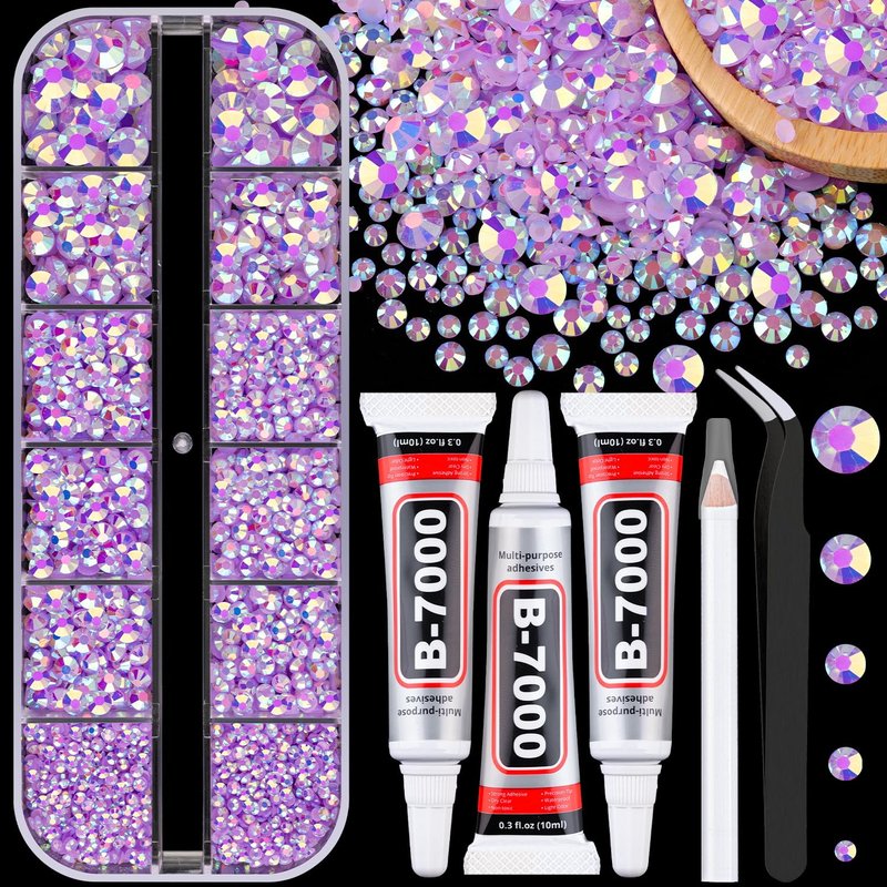 Resin Jelly Rhinestones - Light Purple AB Flatback Craft Gems | 1 Box with 3Pcs 10ml B7000 Glue for DIY Projects