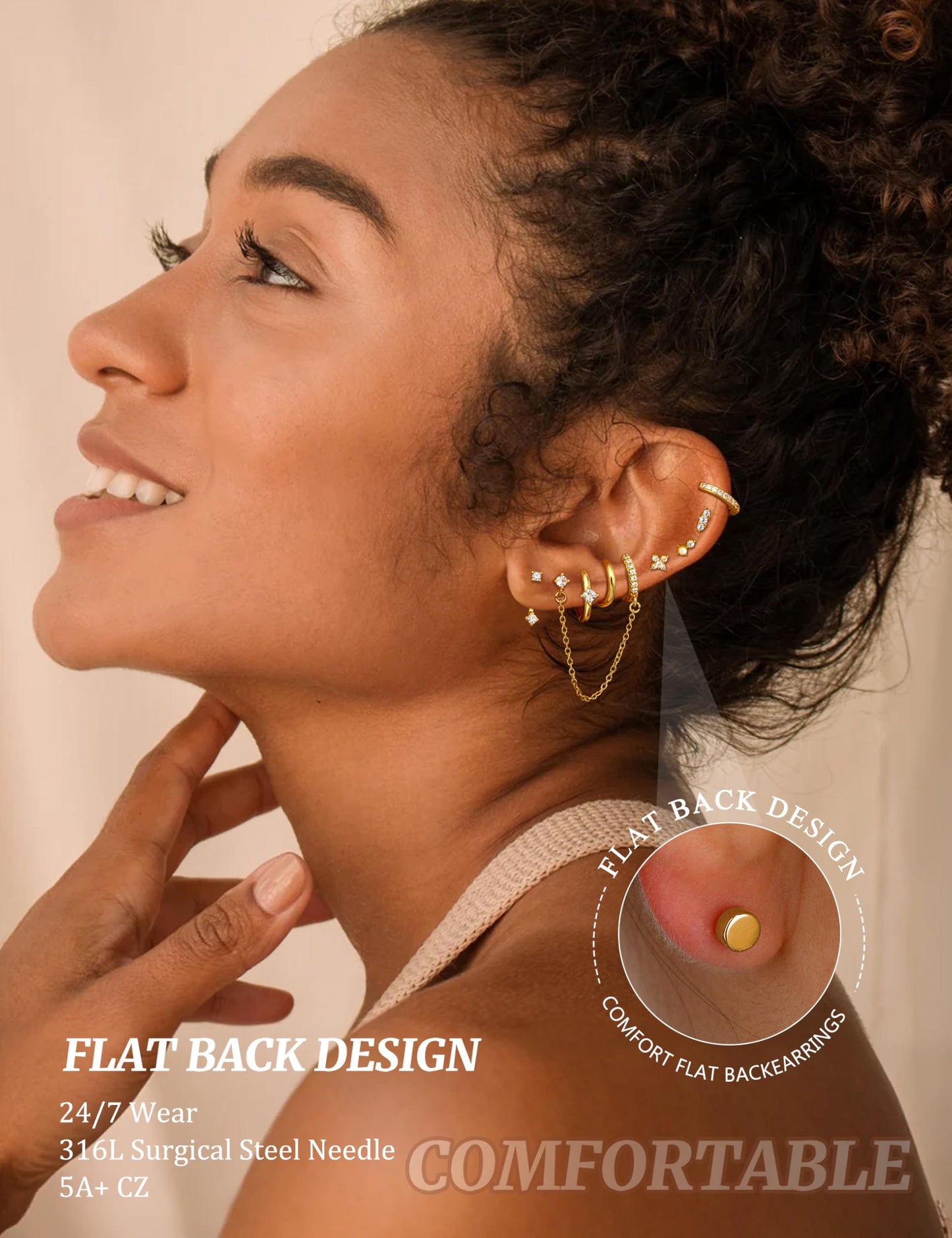 Dochais Hypoallergenic Flatback Stud Hoop 14K Gold Plated Earrings Stacks - Surgical Stainless Steel Earring Set Chain Cartilage Earrings - Small Ear Piercing Flat Back Earring for Women Trendy