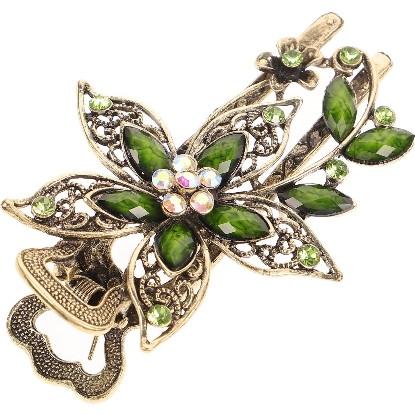Uonlytech Hair Clip, Green Flower Crystal Hair Clip, Sparkly Glitter Rhinestones Hair Clips French Elegant Hair Barrettes Hair Jewelry for Women Girls