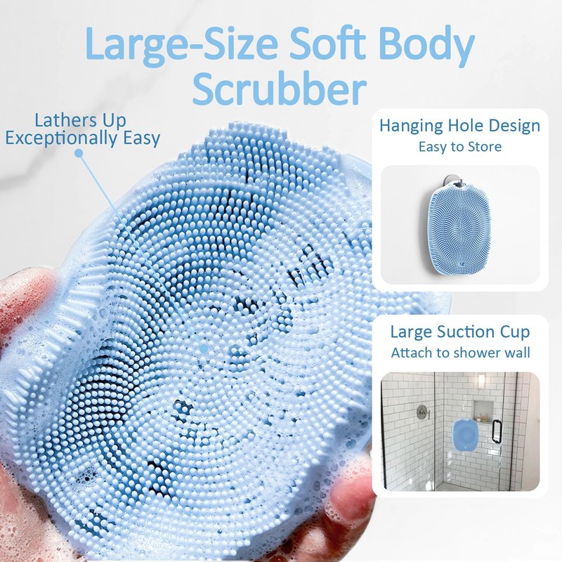 ARIOSOX, Soft Silicone Body Scrubber, Gentle Like a Hand Exfoliating Your Skin and Build Up Lather Easily, Back Large Suction Cup Easy to Store, Long-Lasting & Deep Clean (Blue)