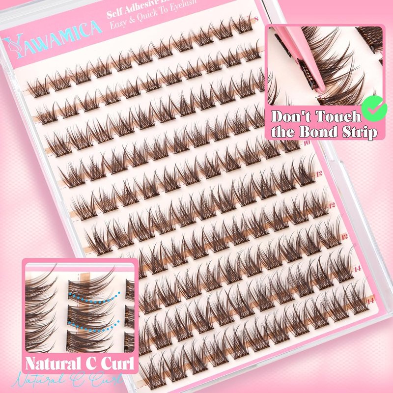 Self-Adhesive Eyelash Clusters - Brown Wispy Individual Lashes | Reusable 8-14mm C Curl Extensions