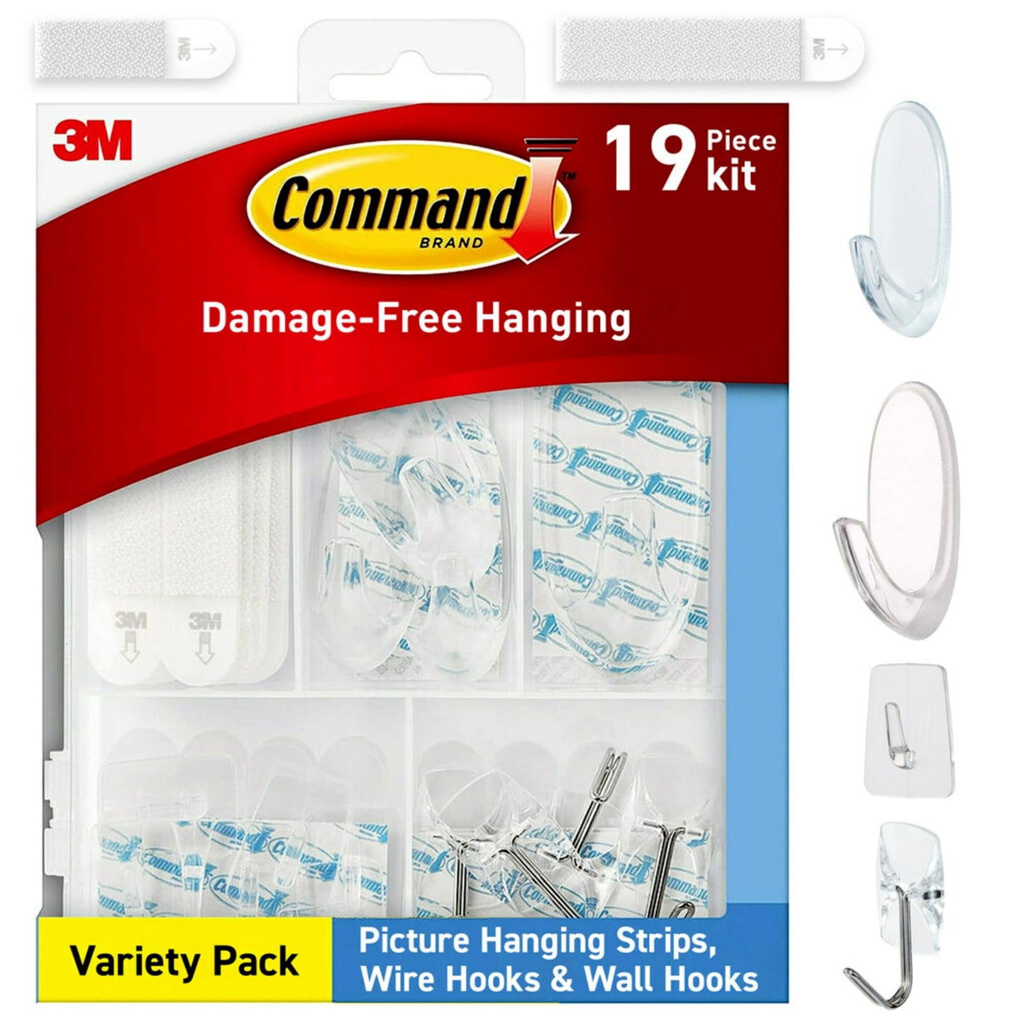 Command Clear Variety Pack, Including 8 Pairs of Picture Hangers, 4 Clear Wire Hooks and 11 Wall Hook for Hanging Home Decor, Damage-Free Hanging Up to 19 Items with Command Strips