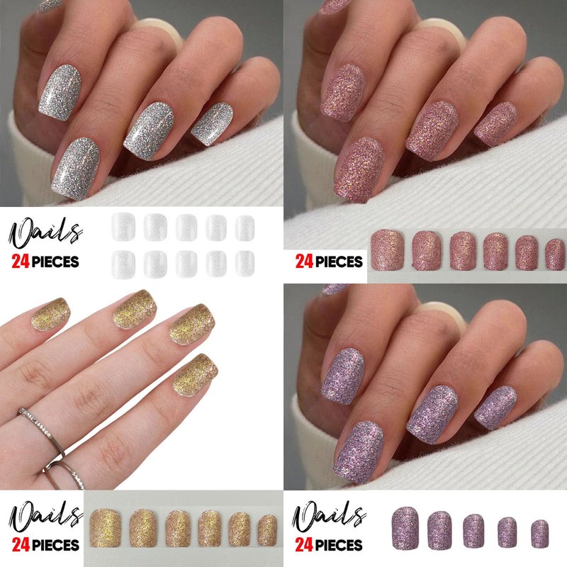 192 Pcs Short Square Press on Nails, Acrylic Full Cover Fake Nails with 8 Pink Glitter Designs, Sparkling Reusable Glossy Nail Tips