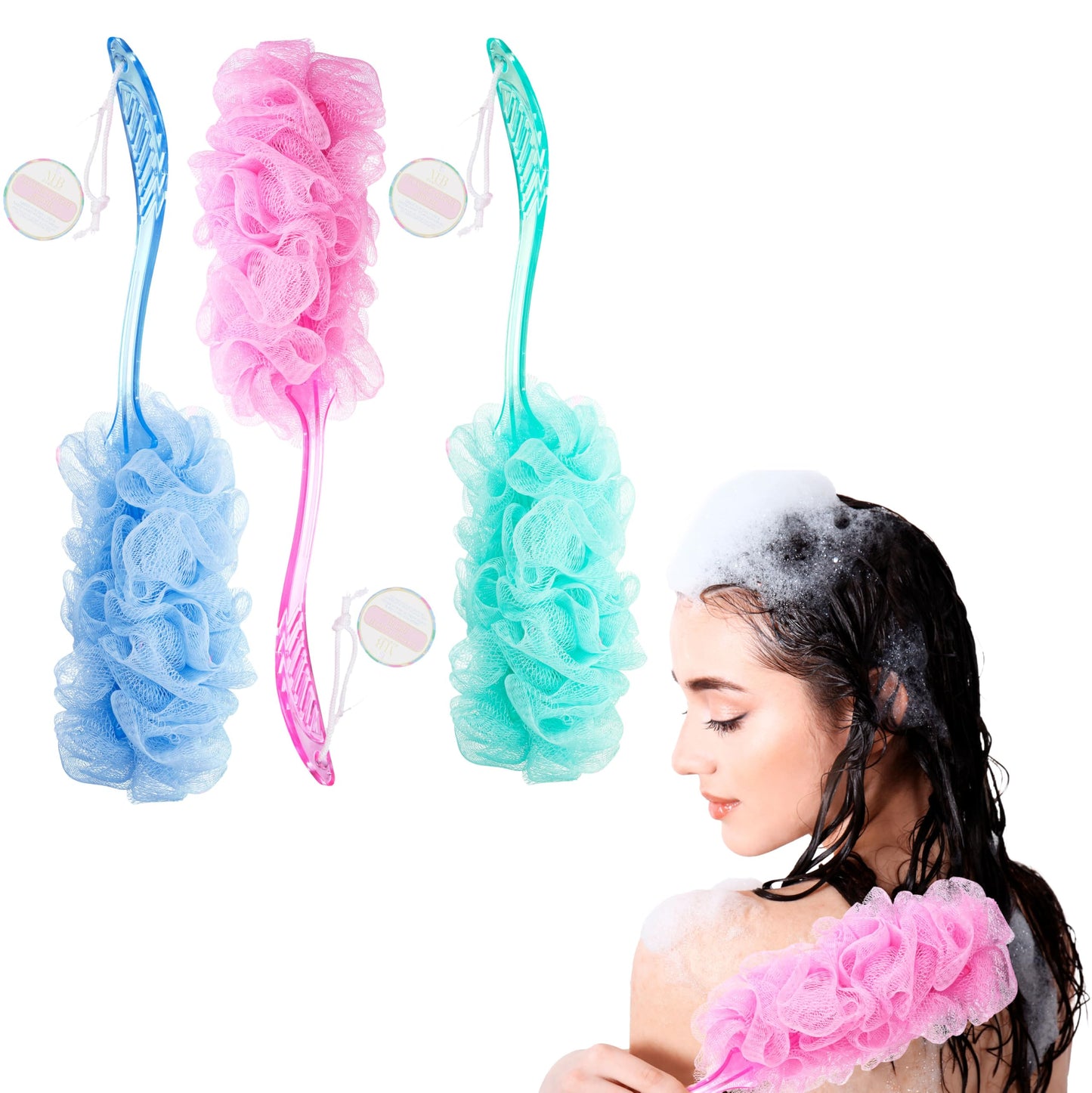 3pc Long Handle Loofah Set – Shower Scrubber Stick with Hanging Loop | Exfoliating Body Scrubber Value Pack | Deep Cleansing Bath Loofah for Smooth Skin – Women & Men – Easy