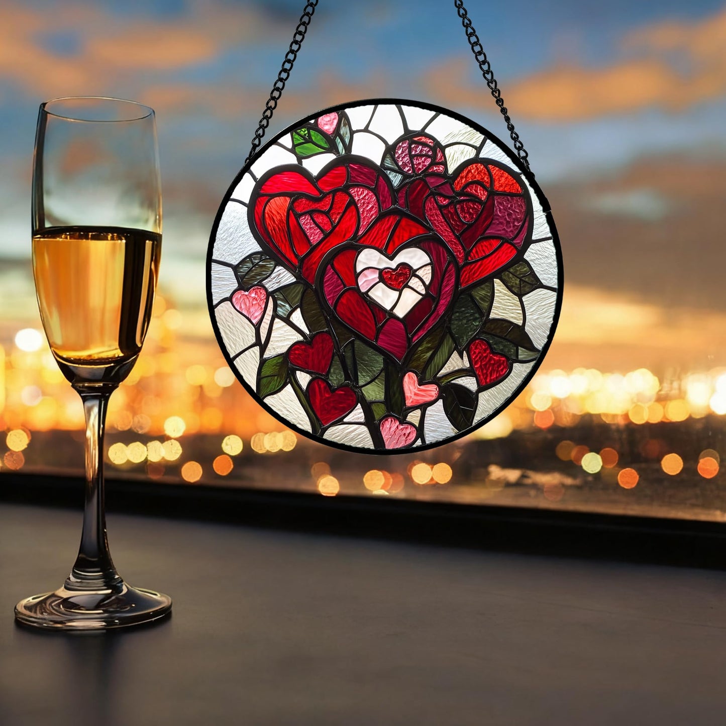 QZQCBLC Stained Glass Window Hanging Red Heart-Shaped Roses 7.8" - Flower Suncatcher Door Garden Sun Catcher Decor Birthday Anniversary Valentines Day Gifts for Woman Wife Men Her Him Lovers