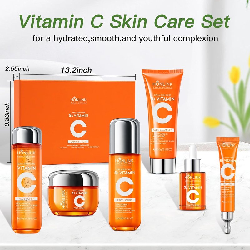 Glown 6-Piece Hydrating Skincare Set - Vitamin C & Niacinamide | Complete Face & Body Care Kit
