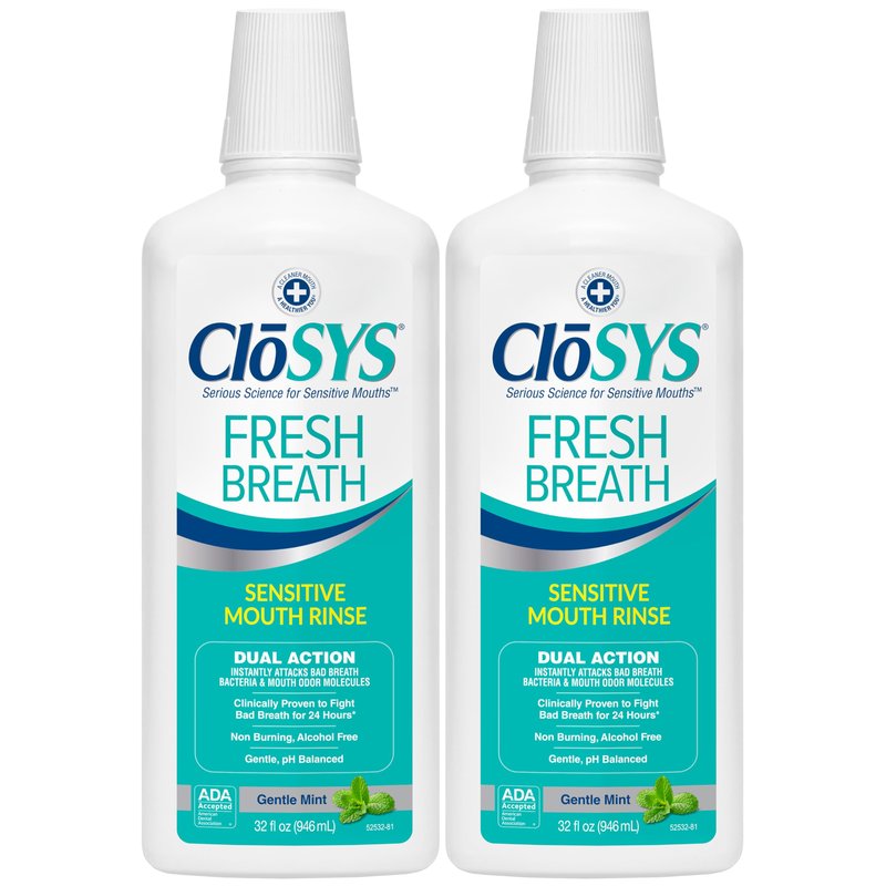 CloSYS Mouthwash, 32 Ounce, 2 Count, Fresh Breath Mouthwash, Gentle Mint, Alcohol Free, Dye Free, pH Balanced Mouth Wash, Helps Soothe Entire Mouth, Fights Bad Breath