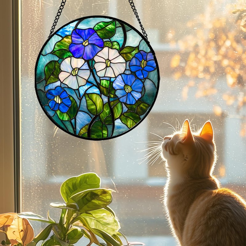HWRHTR Stained Glass Window Hanging - Blue White Morning Glory Birth Flower Suncatcher for Door Garden Yard Sun Catchers Decor Christmas Mother's Day Birthday Gifts for Women Mom Nana Friend 6.3 in