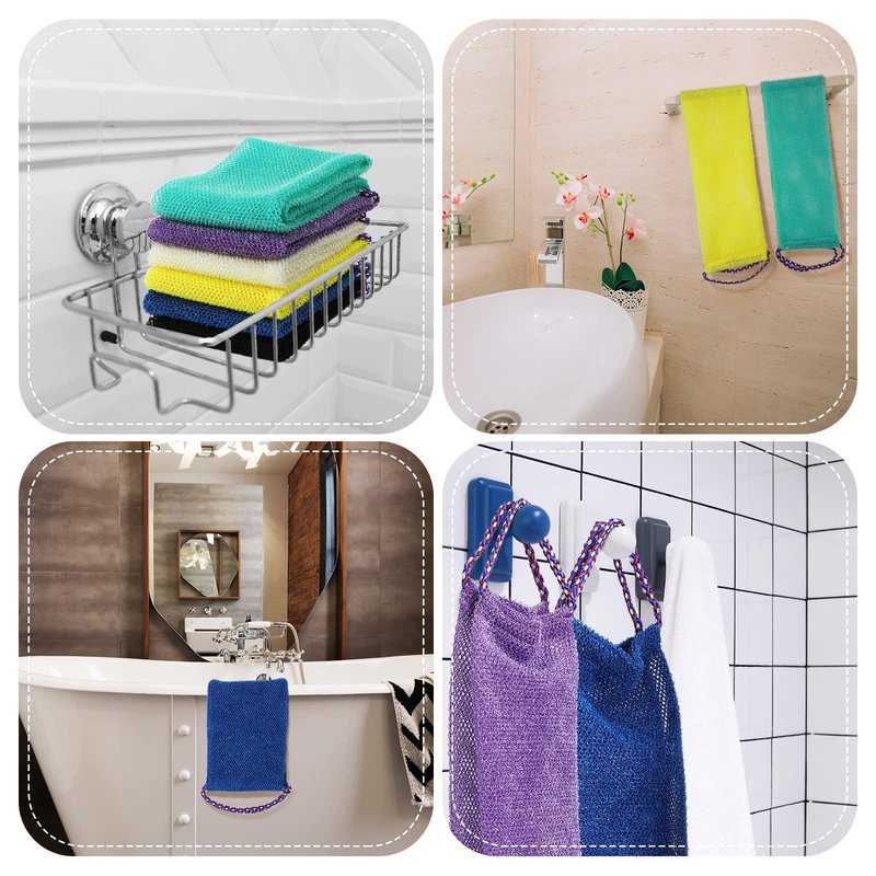 Kinlop 6 Pcs African Exfoliating Net Body Scrubber Long Net Bath with Ropes Sponge Exfoliating Back Scrubber Clean Exfoliating Washcloth African Bath Net Skin for Daily Shower, Bathing, Women, Men