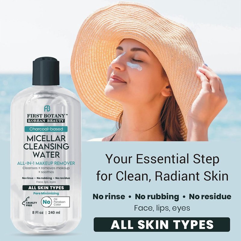 Skiennix Korean Micellar Water Makeup Remover - Charcoal Hydrating Toner & Cleanser for All Skin Types, 8 oz