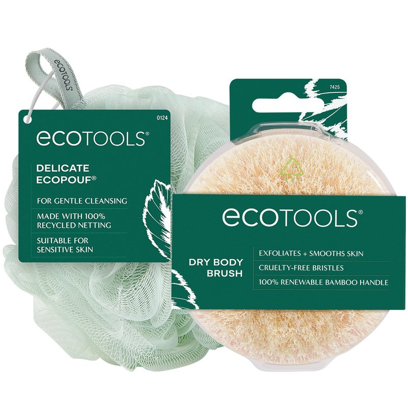 EcoTools Dry Body Brush for Circulation, Dead Skin Removal + Green Delicate EcoPouf Made with Recycled Netting for Cleansing and Exfoliating Sensitive Complexion, Self-Care Gifts