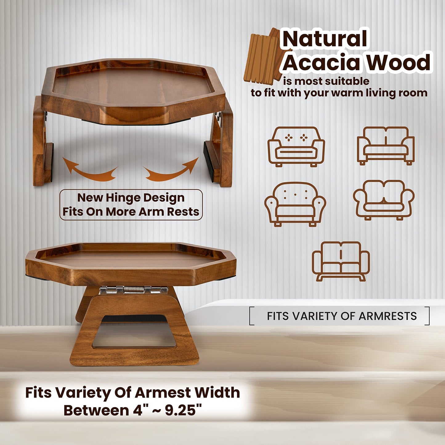 Tinamo Octagonal Acacia Sofa Arm Tray, Couch Armrest Table with Folding Arms - Armchair Caddy, Clip on Tray with Adjustable Arm Hinges for Home Sofa Living Room (Acacia, Octagon)