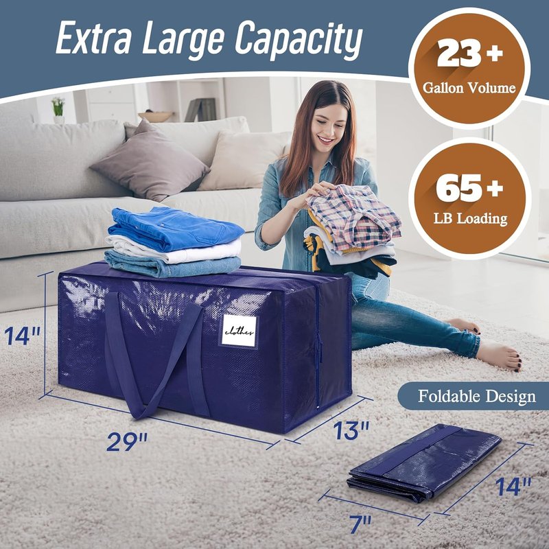 Extra Heavy Duty Large Moving Bags - 6 Pack with Strong Zipper & Comfortable Handles | Durable Blue Storage Totes for College Supplies