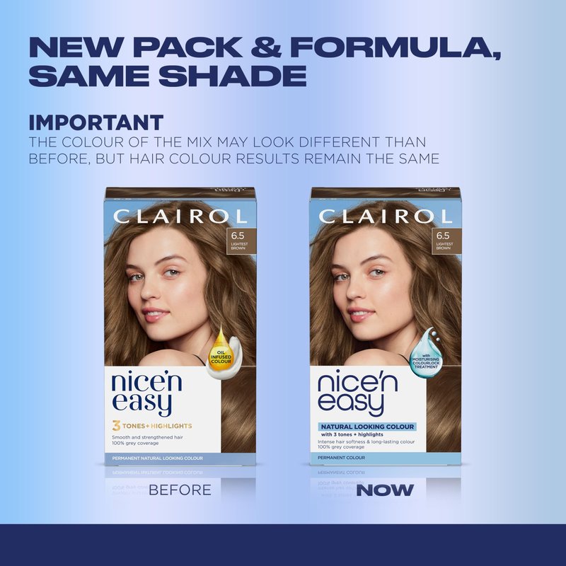 Clairol Nice'n Easy Permanent Hair Dye, 6.5 Lightest Brown | 100% Gray Coverage | Long‑Lasting, Natural‑Looking Color & Shine | Pack of 3