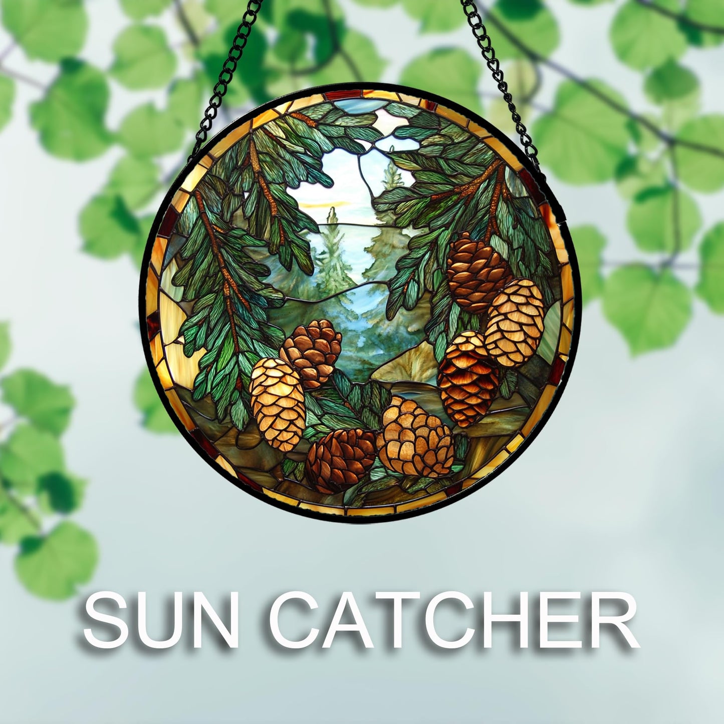 QZQCBLC Stained Glass Window Hanging Forest Pine Cone Landscape 7.8" - Green Suncatcher Door Terrace Garden Sun Catcher Home Decor Birthday Christmas for Mom Men Woman Wife