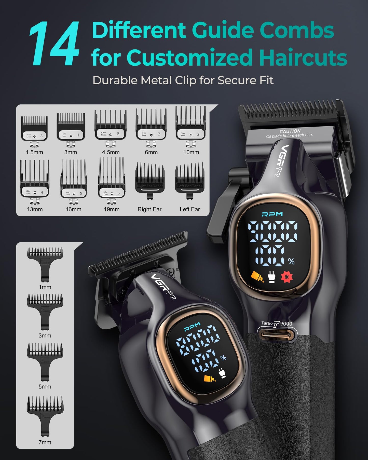 VGRPRO Professional Hair Clippers for Men, Professional Barber Clippers and Trimmer Set, Cordless Hair Clippers for Hair Cutting with Package Case, Powerful 9000 PRM Rechargable Electric Clippers