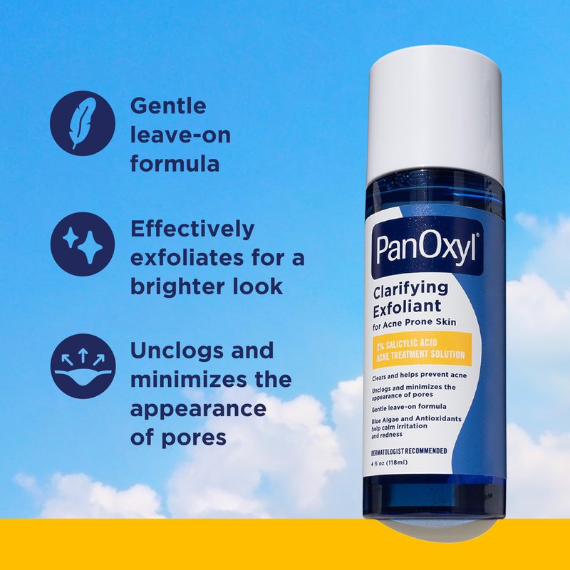 PanOxyl Clarifying Exfoliant with 2% Salicylic Acid, BHA Liquid Exfoliant for Face, Unclogs, Minimizes Appearance of Pores, Blue Algae and Antioxidants Help Calm Redness, For Acne Prone Skin, 4 fl oz