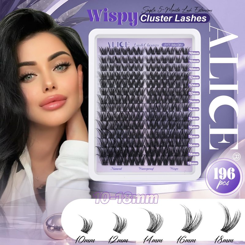 ALICE Lash Clusters Wispy Cluster Eyelash Extensions 192pcs Natural Individual Lashes DIY Lash Extension 10-18mm Cluster Eyelashes with Mix 4-7mm of Lash Band