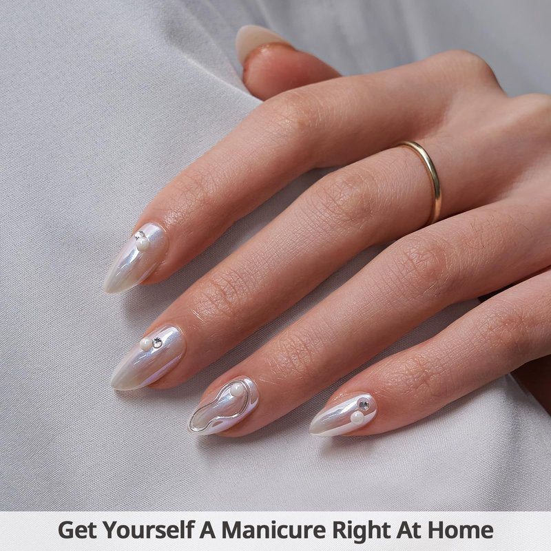 BTArtbox Press On Nails Short - Pearl Accents Chrome Almond Press On Nails with Glue for Women, Opaque Soft Gel Glue On Nails in 16 Sizes - 32 Stick On Nails Kit, Tidal Pearl