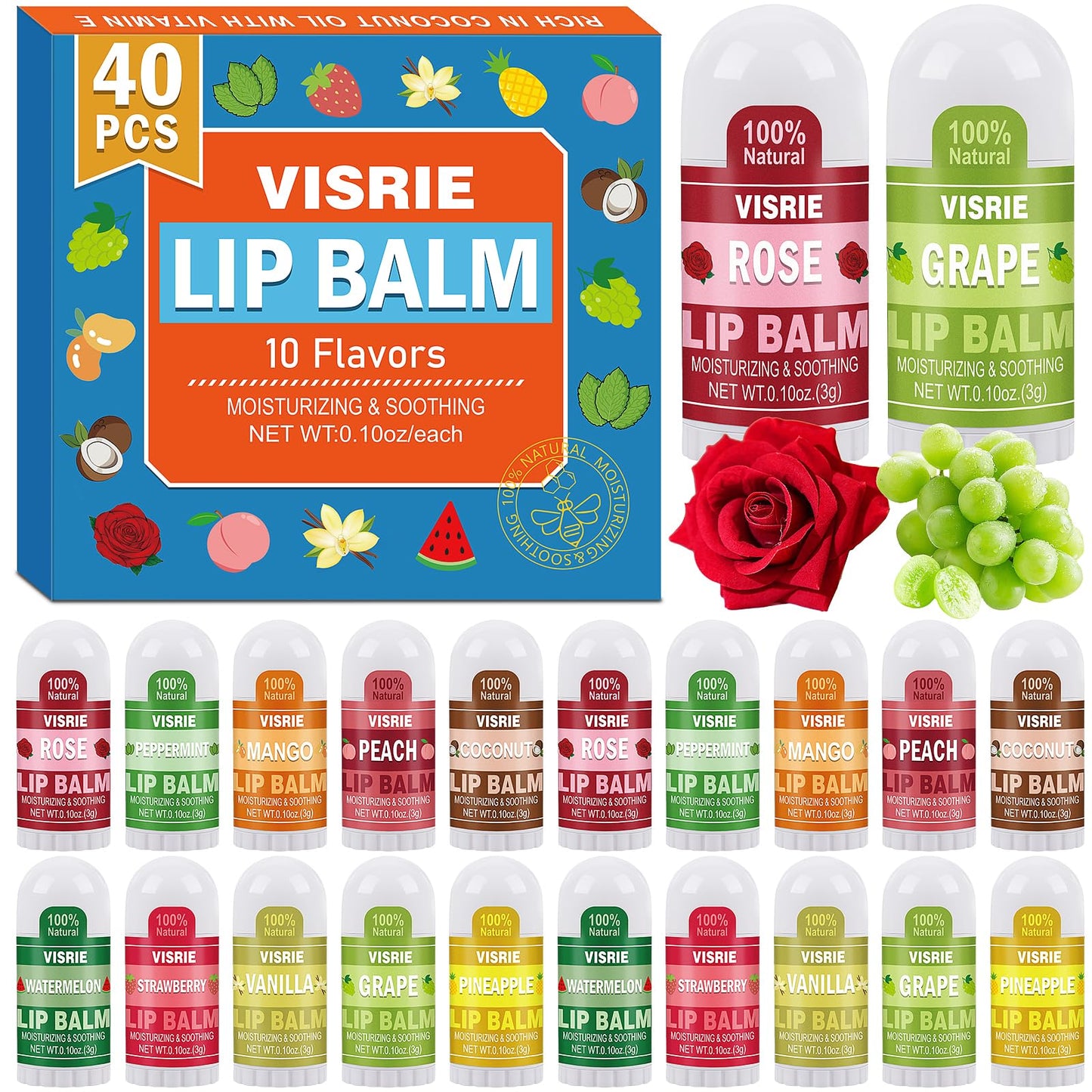 VISRIE 40 Pack Mini Lip Balm Bulk, Natural Lip Balm with Vitamin E & Beeswax, Moisturizing Lip Care for Dry Lips, Perfect for Party Favors, Care Packages & Small Gifts