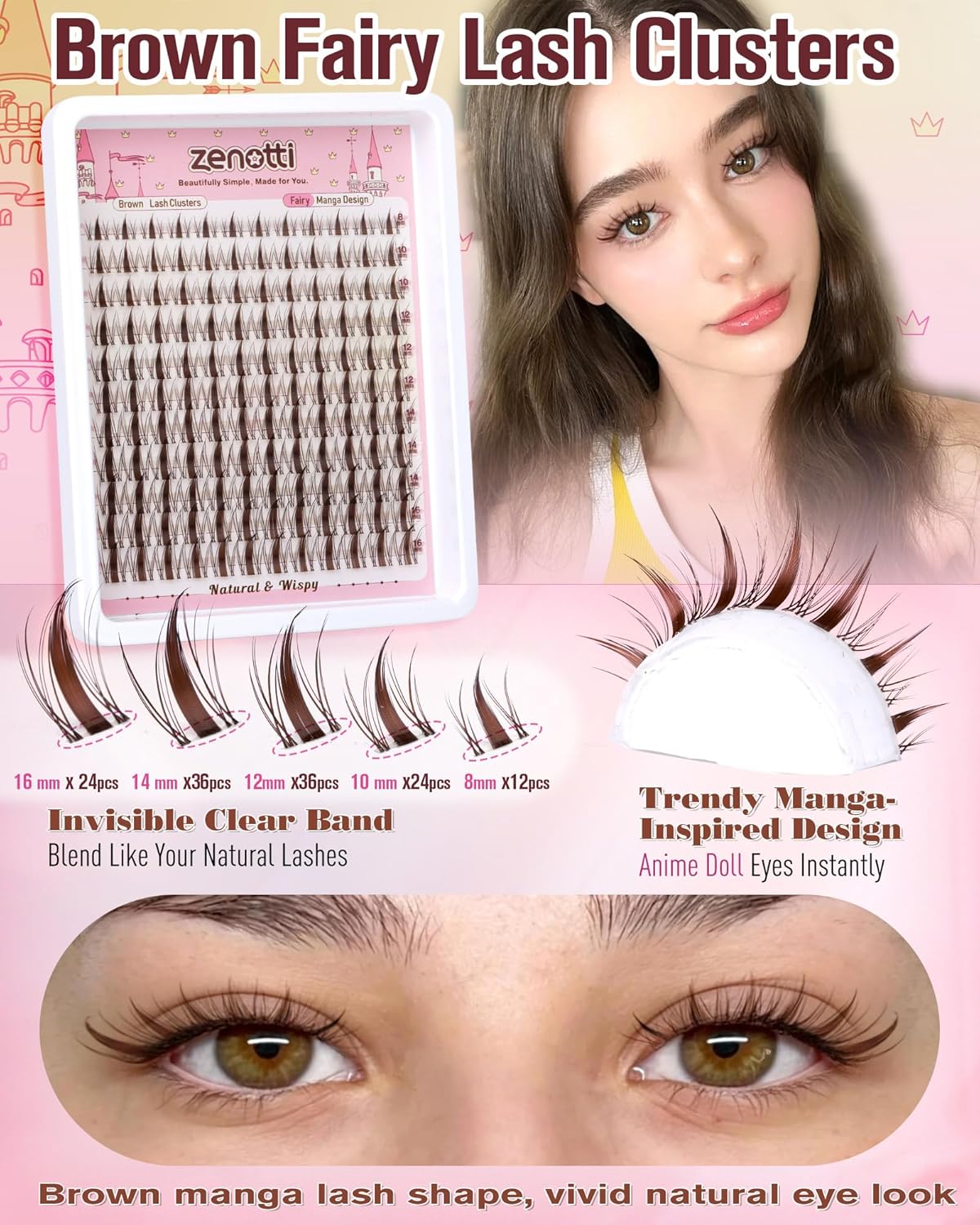 Zenotti Brown Lash Clusters - Natural Fairy Eyelash Extensions | Wispy Spiky Individual Lashes 8-16MM