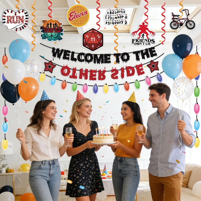 71pcs Birthday Party Decorations Include 3 Pre-Strung Welcome to The Other Side Banner 2 Hanging Banner 12pc Hanging Swirls with 12 Double-Side Cardstock for Party